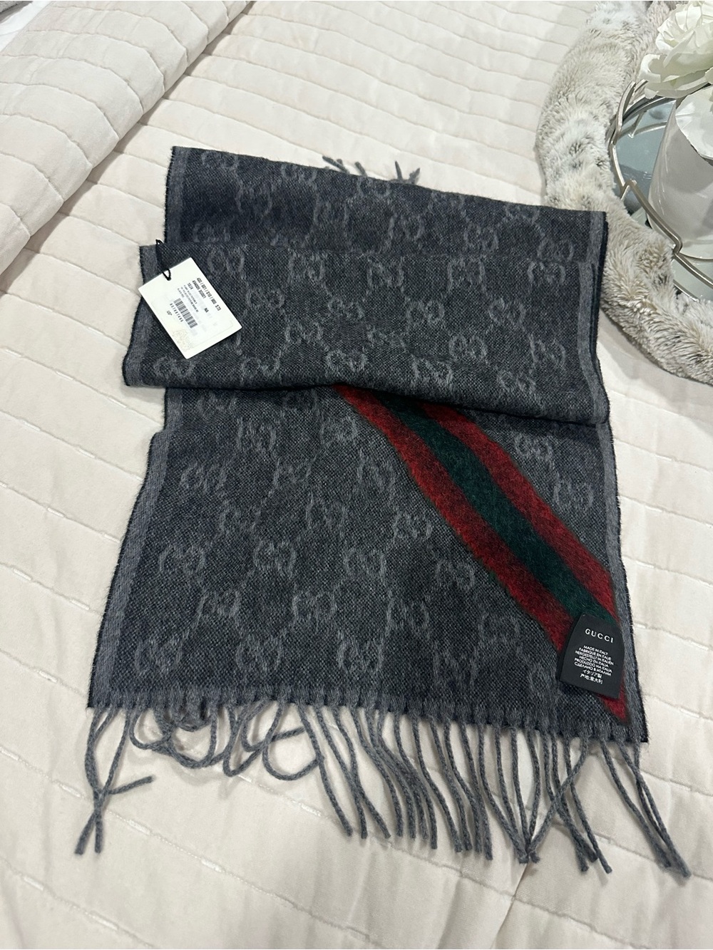 Gucci Gray Wool Scarf with Red and Green Stripe